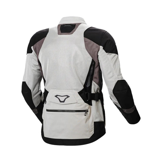 motorcycle jacket macna aerocon waterproof thermal ventilation vents beige brown white gray black touring adventure adv back