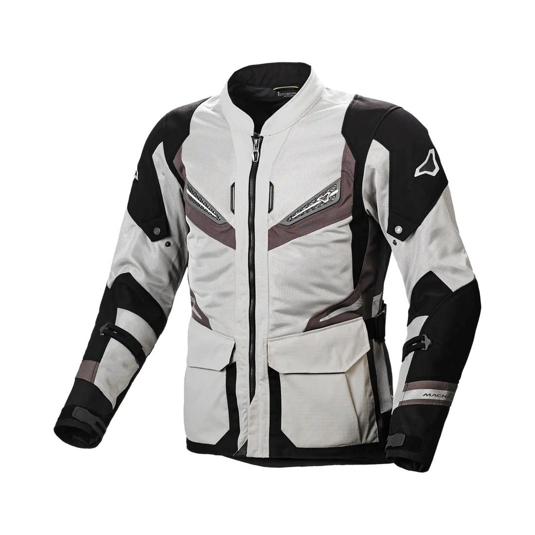 motorcycle jacket macna aerocon waterproof thermal ventilation vents beige brown white gray black touring adventure adv