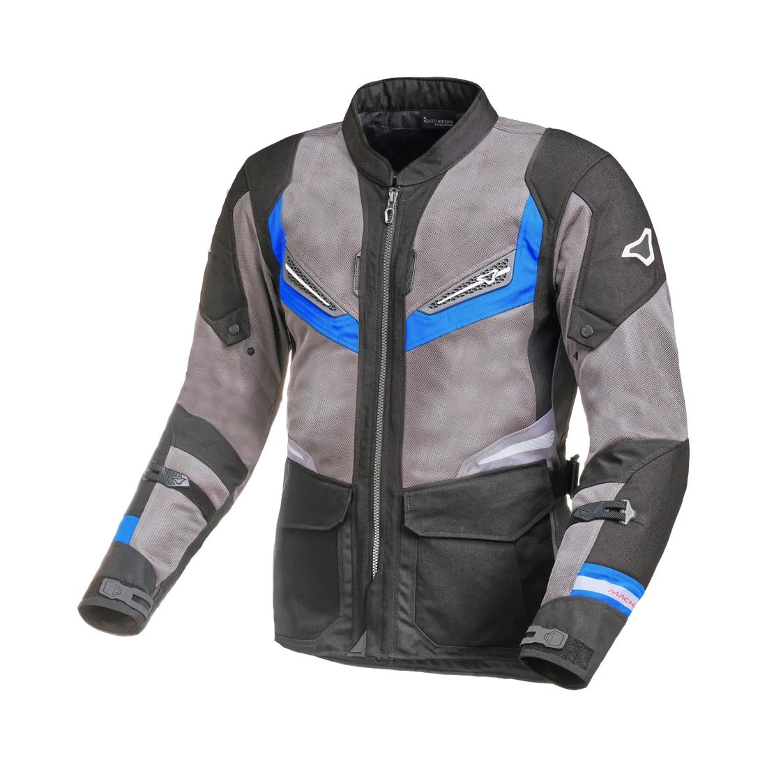motorcycle jacket macna aerocon waterproof thermal ventilation vents black gray blue touring adventure adv front
