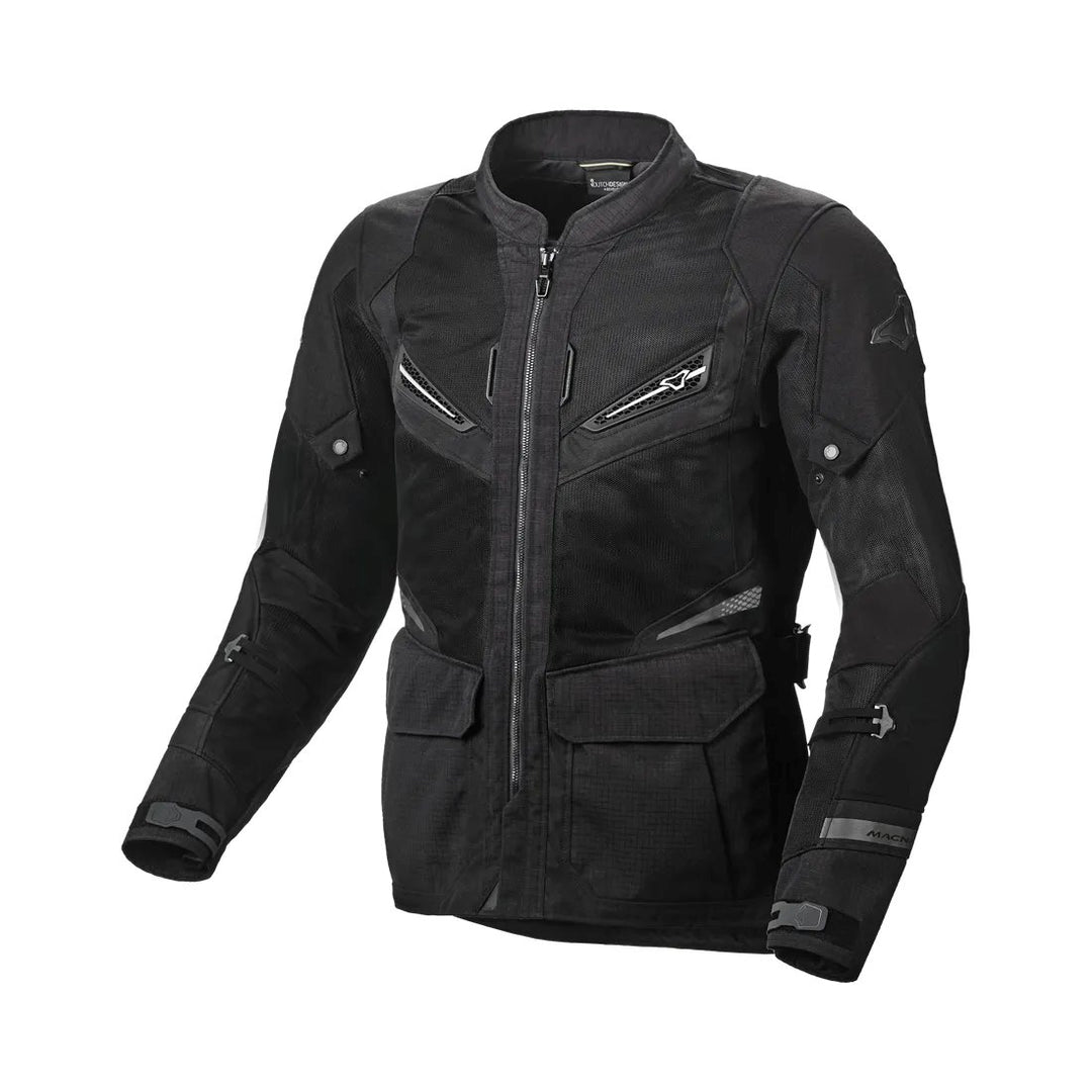 motorcycle jacket macna aerocon waterproof thermal ventilation vents black touring adventure adv front