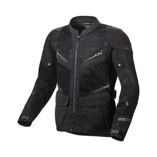 motorcycle jacket macna aerocon waterproof thermal ventilation vents black touring adventure adv front