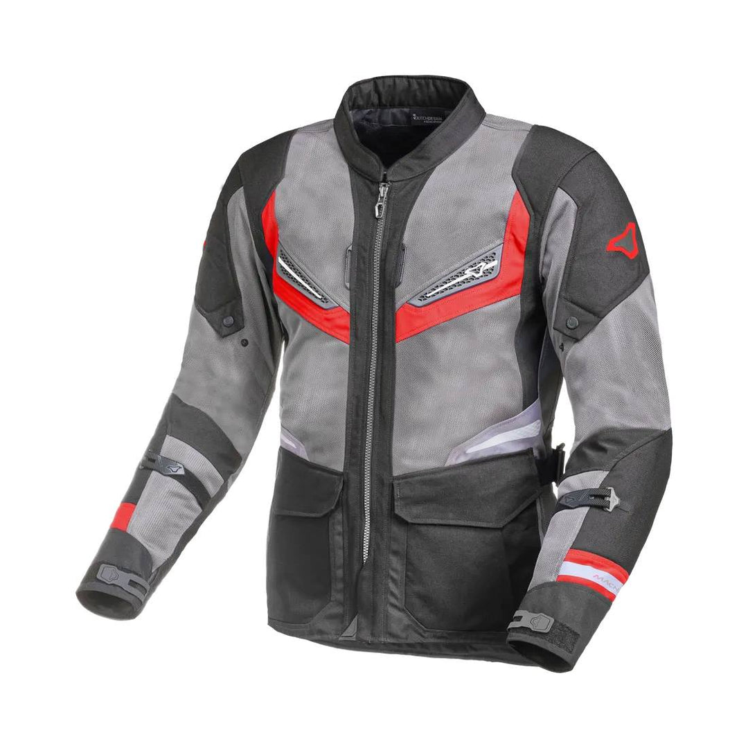 motorcycle jacket macna aerocon waterproof thermal ventilation vents black gray red touring adventure adv front