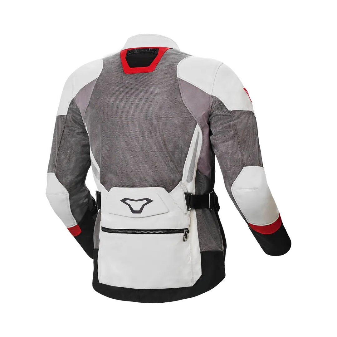 motorcycle jacket macna aerocon waterproof thermal ventilation vents touring adventure adv light gray red reflective back