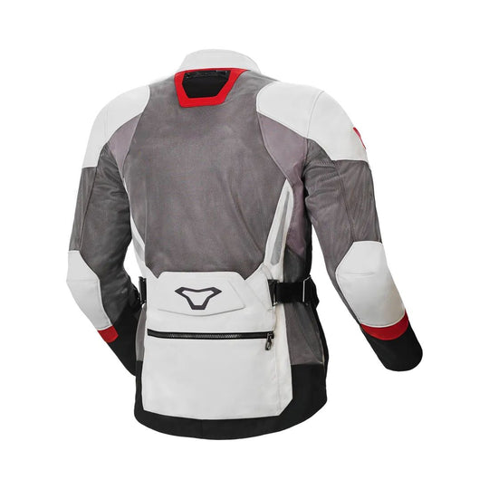 motorcycle jacket macna aerocon waterproof thermal ventilation vents touring adventure adv light gray red reflective back