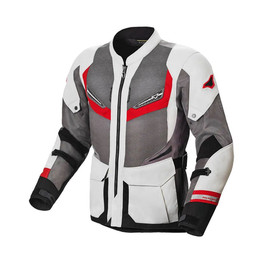 motorcycle jacket macna aerocon waterproof thermal ventilation vents touring adventure adv light gray red reflective front 