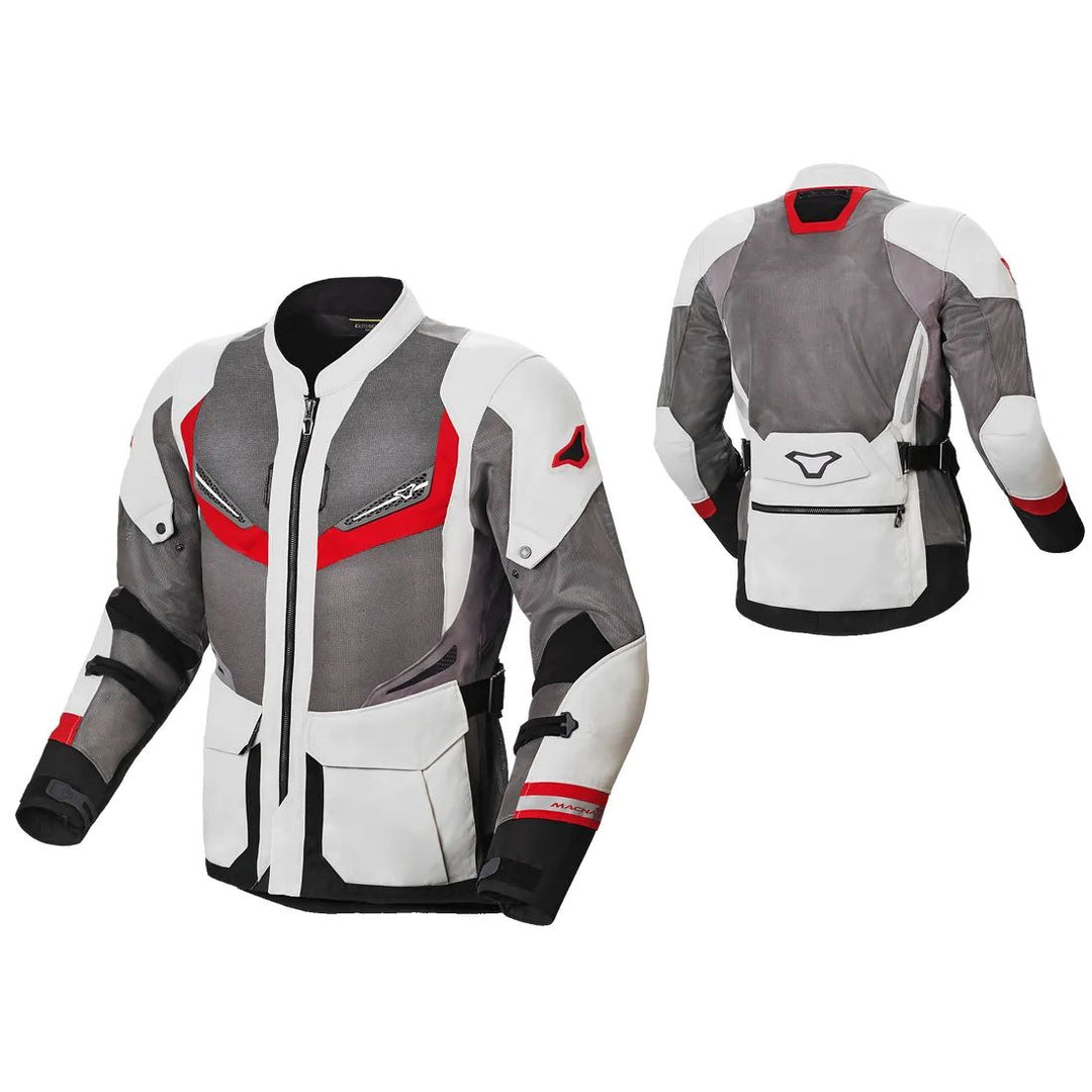 motorcycle jacket macna aerocon waterproof thermal ventilation vents touring adventure adv light gray red reflective front back
