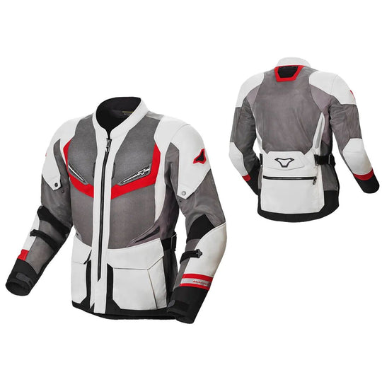 motorcycle jacket macna aerocon waterproof thermal ventilation vents touring adventure adv light gray red reflective front back