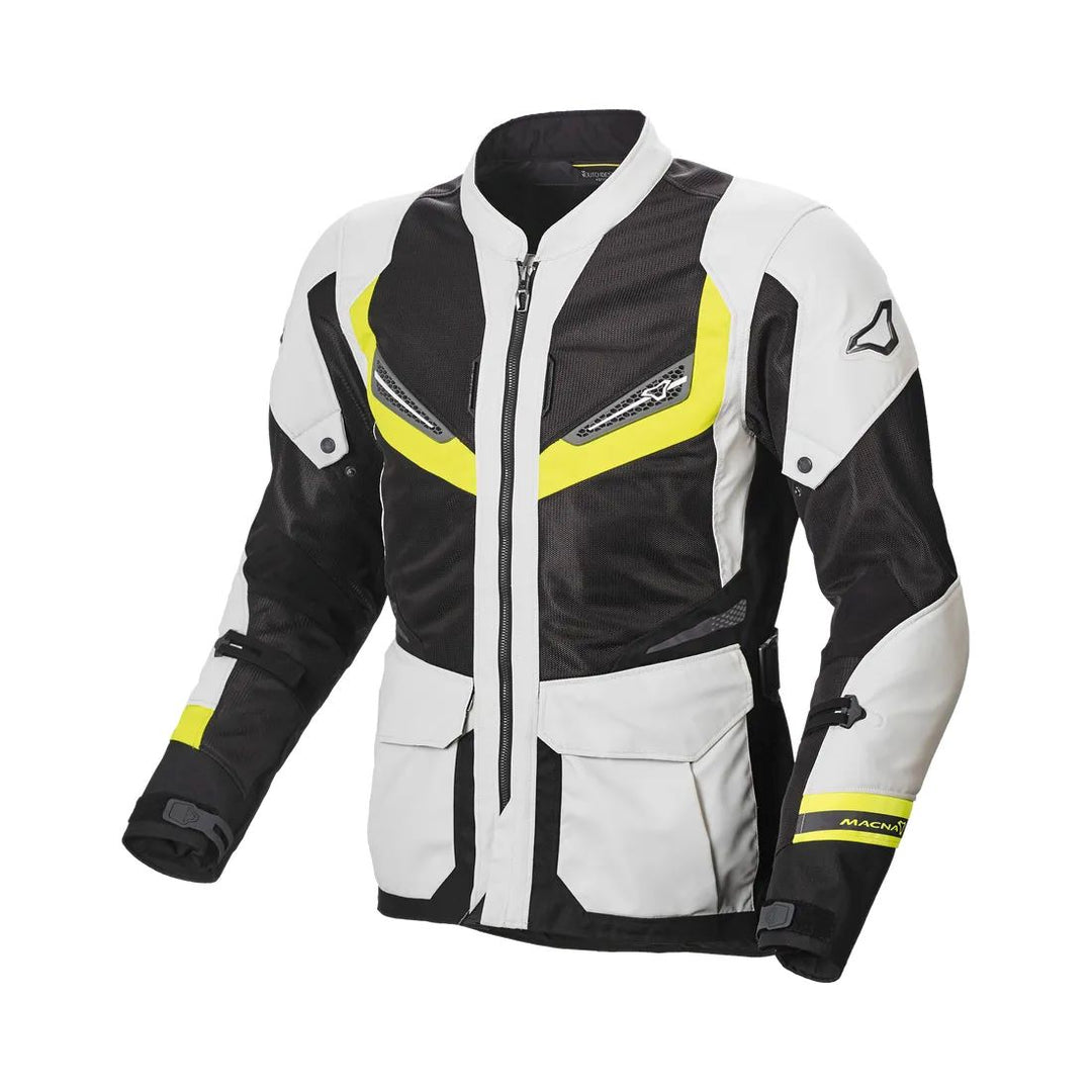 motorcycle jacket macna aerocon waterproof thermal ventilation vents nighteye gray neon yellow touring adventure adv front reflective