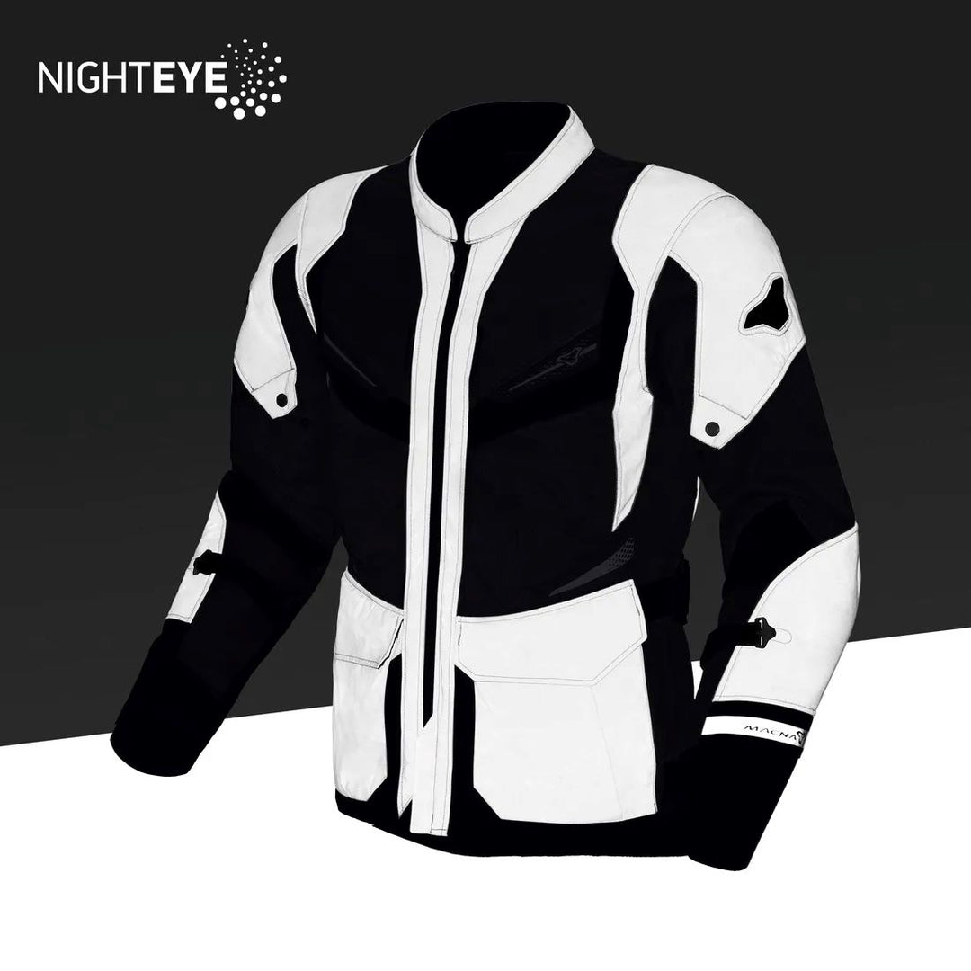 motorcycle jacket macna aerocon waterproof thermal ventilation vents nighteye gray neon yellow touring adventure adv front reflective dark