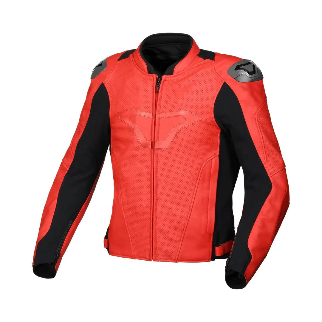 motorcycle jacket macna aviant air leather buffalo risc armax belt loop perforated red touring adventure adv front