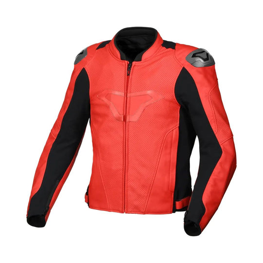 motorcycle jacket macna aviant air leather buffalo risc armax belt loop perforated red touring adventure adv front