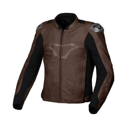 motorcycle jacket macna aviant air leather buffalo risc armax belt loop perforated brown touring adventure adv front