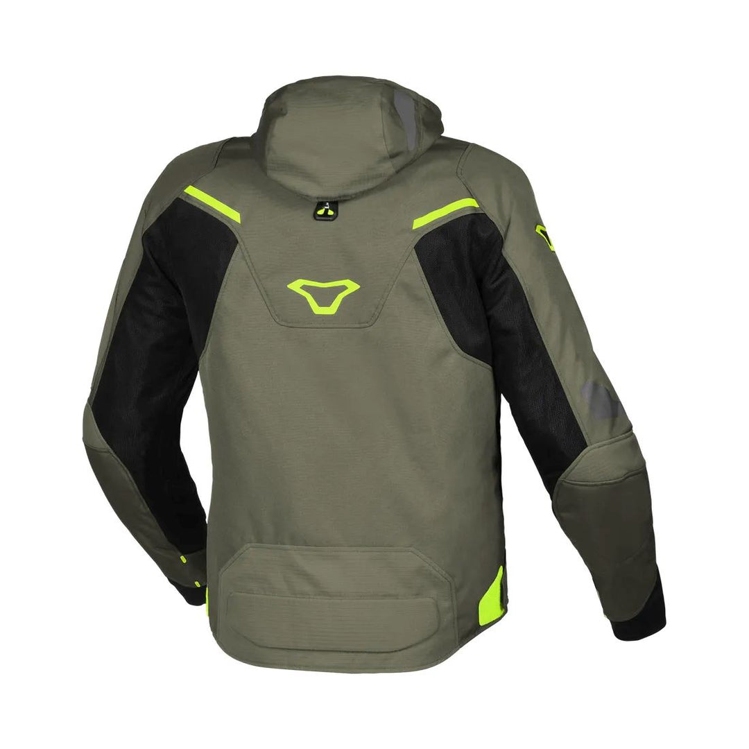 motorcycle jacket macna beacon waterproof ventilation vents black green sport naked touring adventure adv back