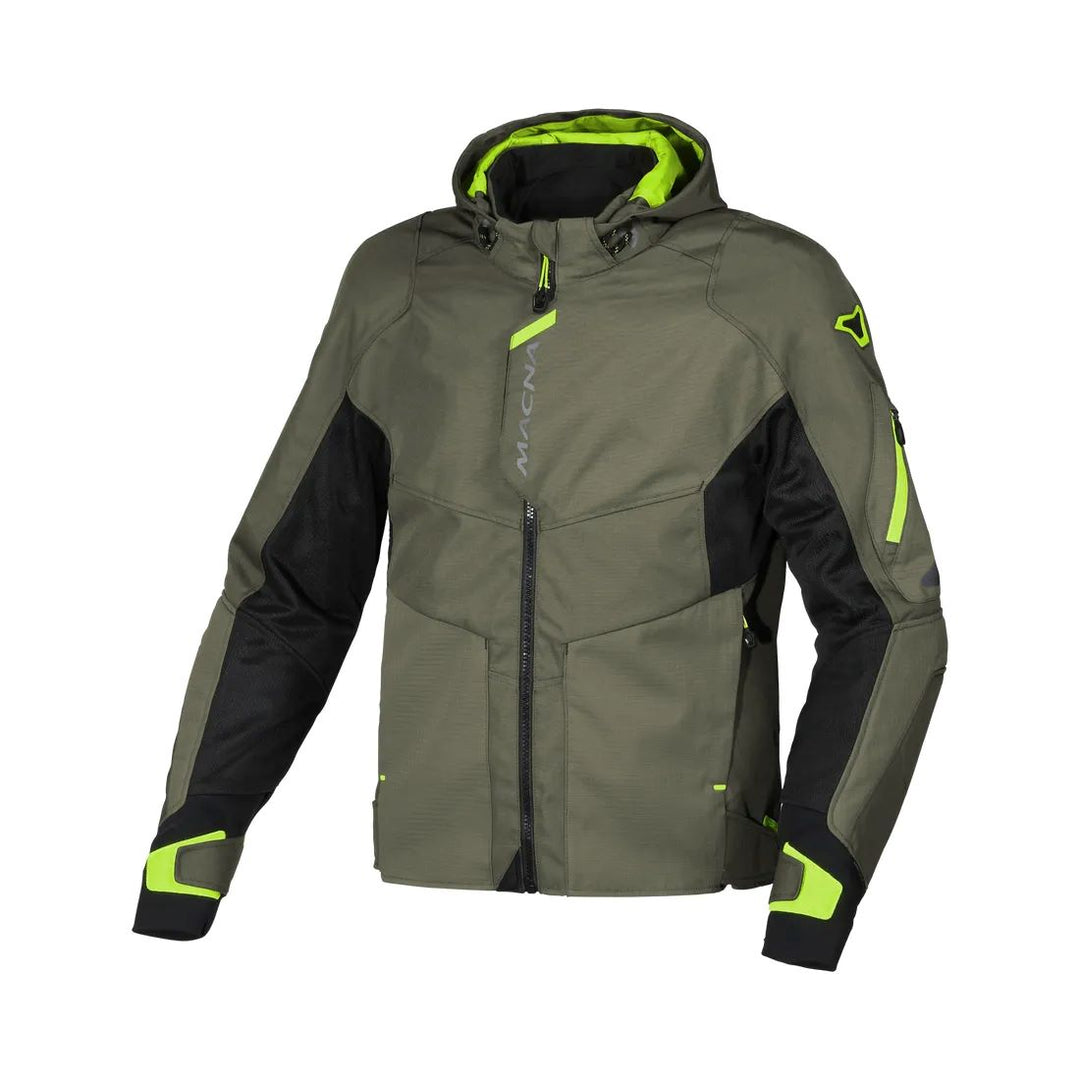motorcycle jacket macna beacon waterproof ventilation vents black green sport naked touring adventure adv front