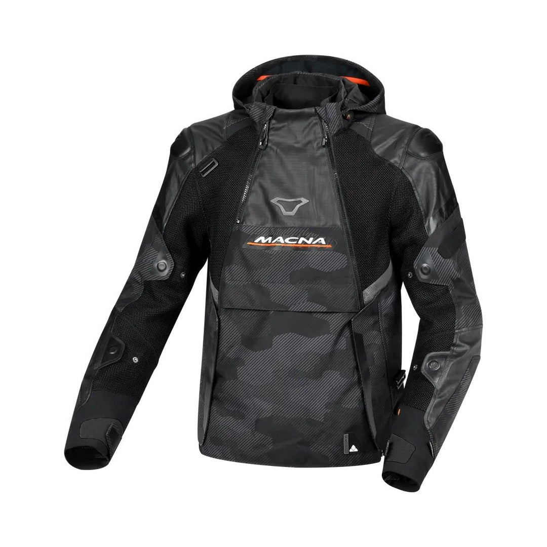 motorcycle jacket macna bradical waterproof liner raintex mesh laminated ventilation vents hoodie black touring adventure adv front