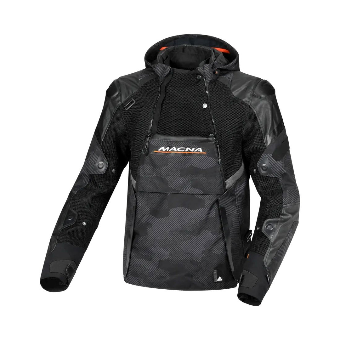motorcycle jacket macna bradical waterproof liner raintex mesh laminated ventilation vents hoodie black touring adventure adv front vent
