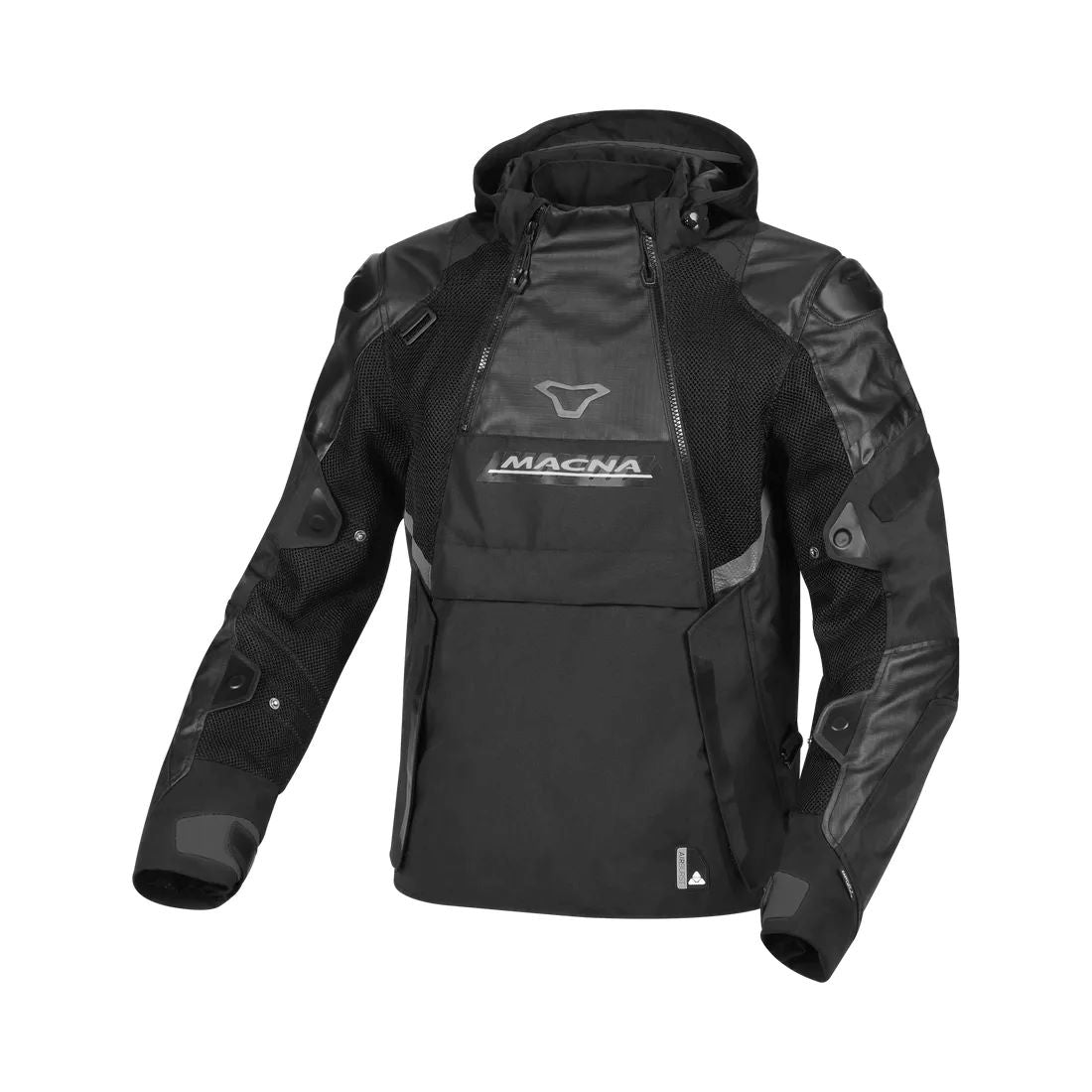 motorcycle jacket macna bradical waterproof liner raintex mesh laminated ventilation vents hoodie black touring adventure adv front
