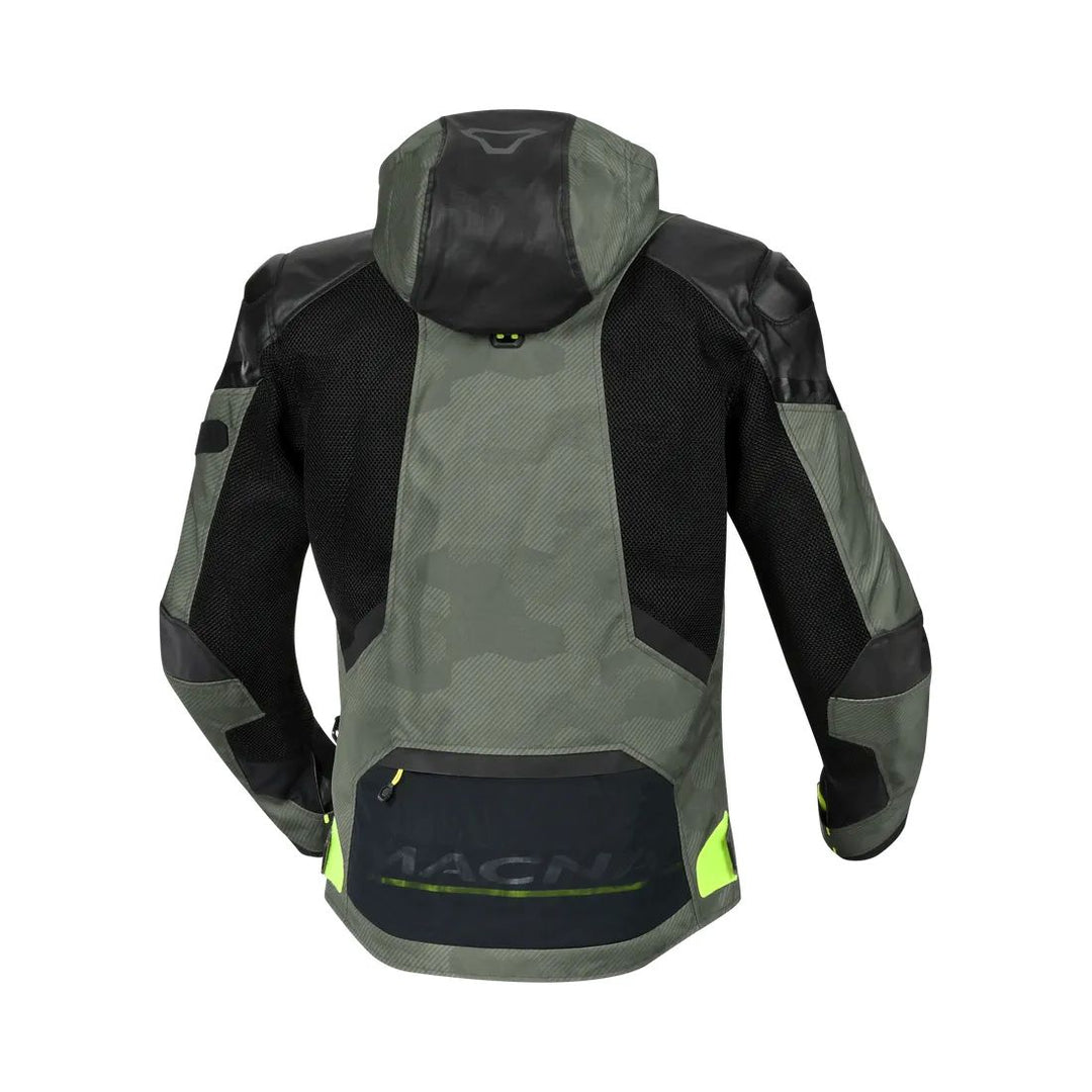 motorcycle jacket macna bradical waterproof liner raintex mesh laminated ventilation vents hoodie black green neon touring adventure adv back 