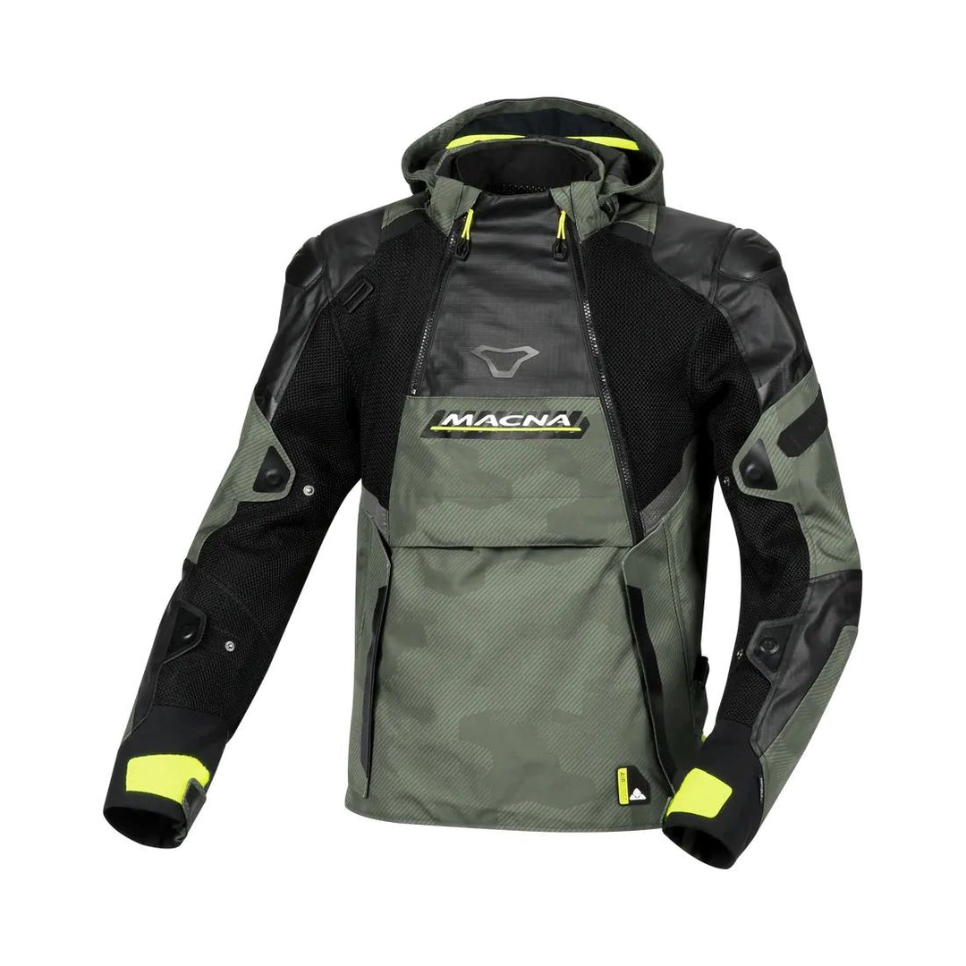 motorcycle jacket macna bradical waterproof liner raintex mesh laminated ventilation vents hoodie black green neon touring adventure adv front