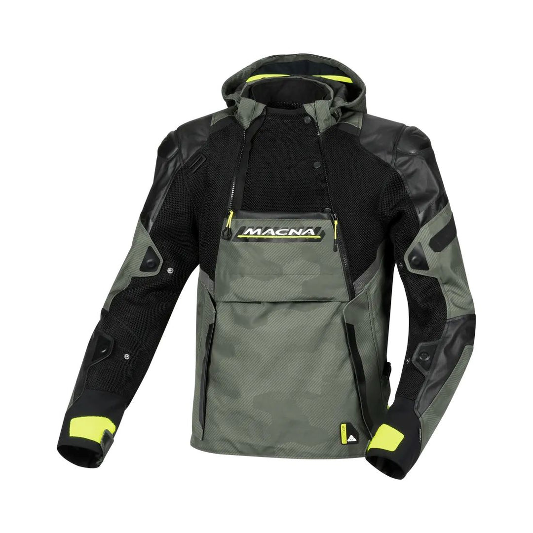 motorcycle jacket macna bradical waterproof liner raintex mesh laminated ventilation vents hoodie black green neon touring adventure adv front vent