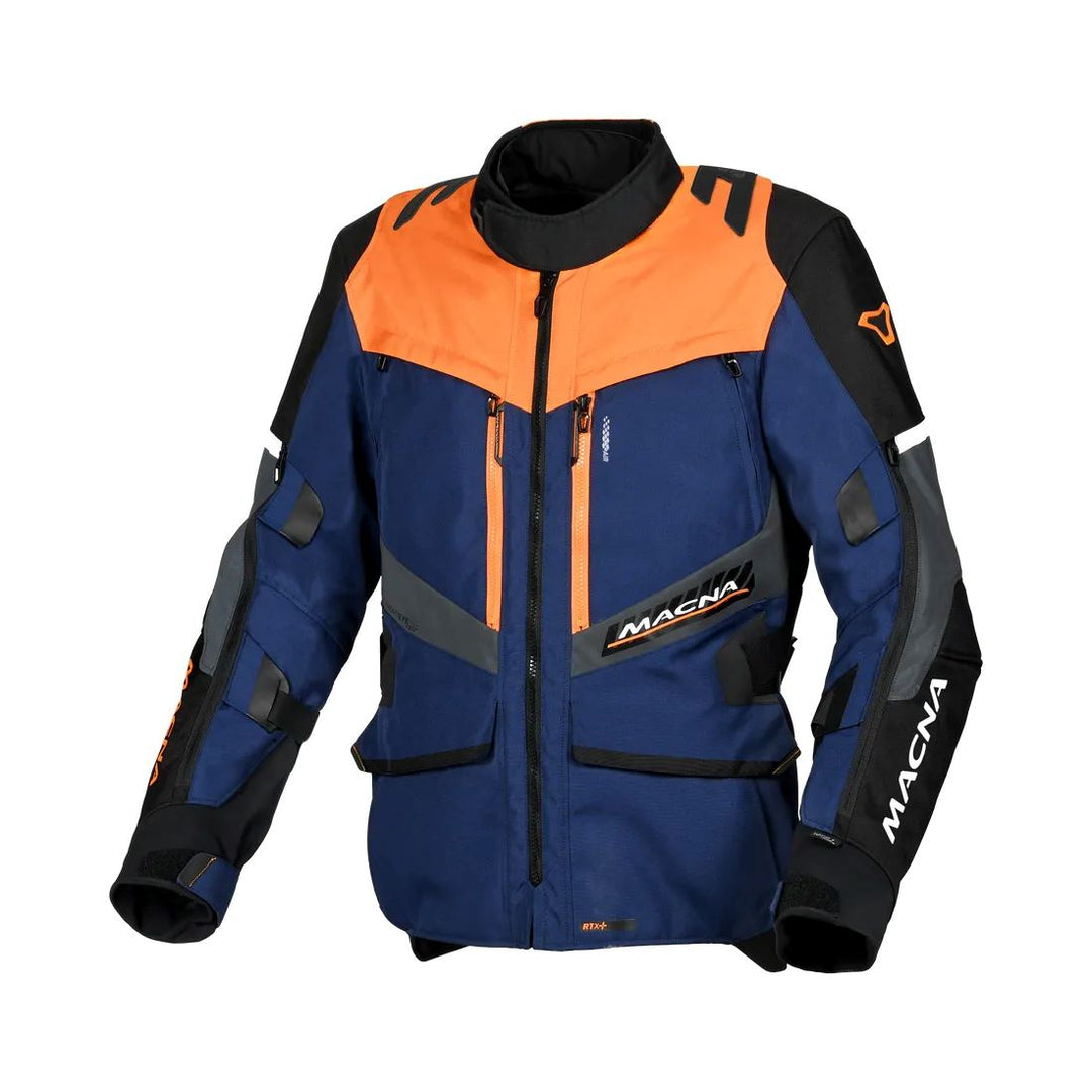 motorcycle jacket macna domane mesh thermos raintex nighteye epg vision tech dark blue orange black touring adventure adv front