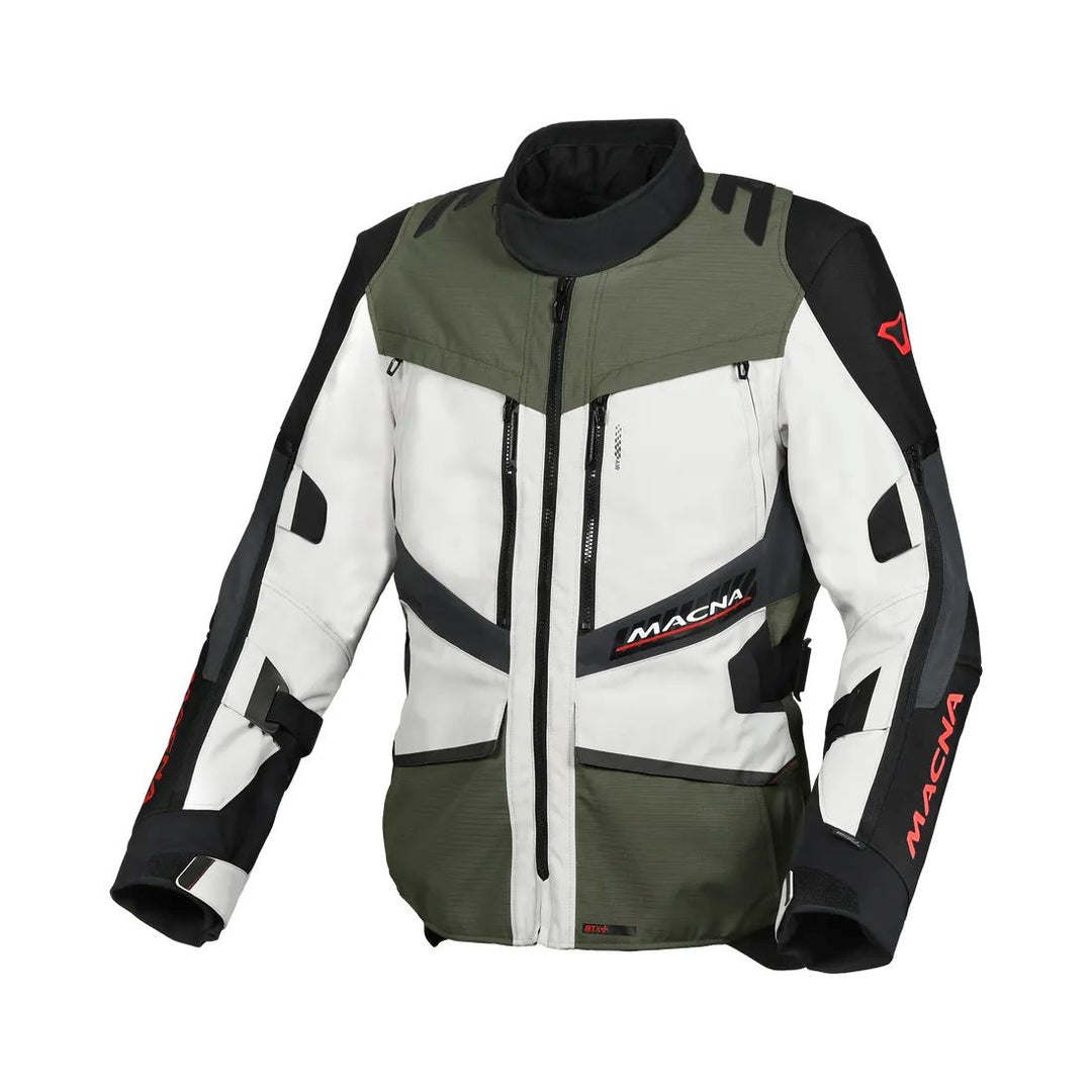 motorcycle jacket macna domane mesh thermos raintex nighteye epg vision tech light gray green black touring adventure adv front
