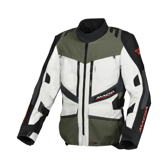 motorcycle jacket macna domane mesh thermos raintex nighteye epg vision tech light gray green black touring adventure adv front