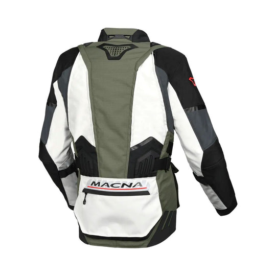 motorcycle jacket macna domane mesh thermos raintex nighteye epg vision tech light gray green black touring adventure adv back
