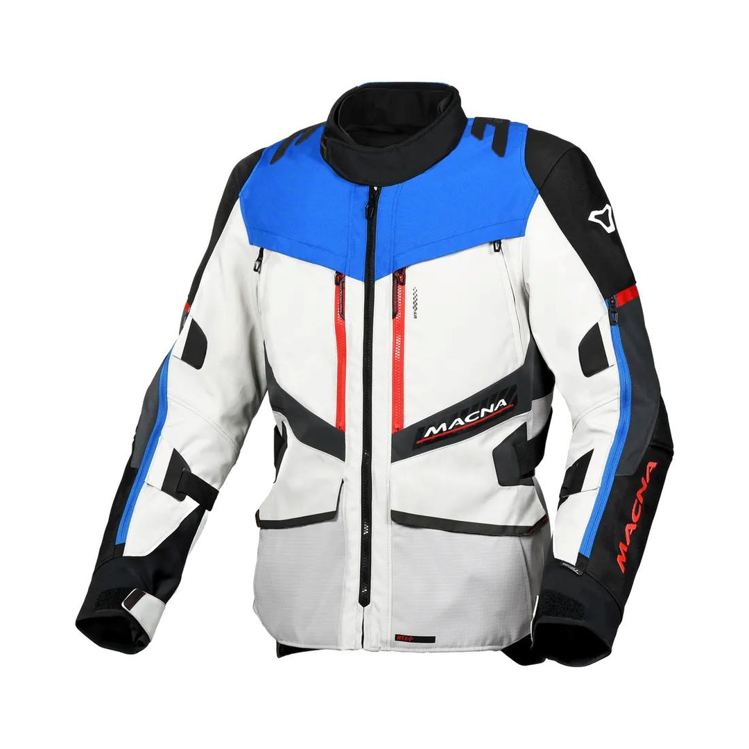 motorcycle jacket macna domane mesh thermos raintex nighteye epg vision tech light gray blue black touring adventure adv front