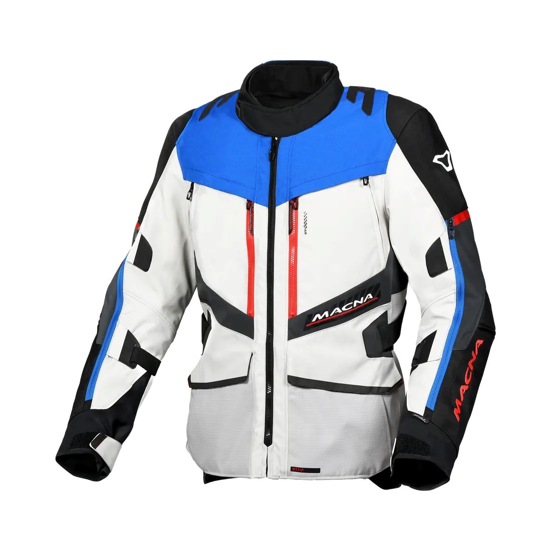 motorcycle jacket macna domane mesh thermos raintex nighteye epg vision tech light gray blue black touring adventure adv front