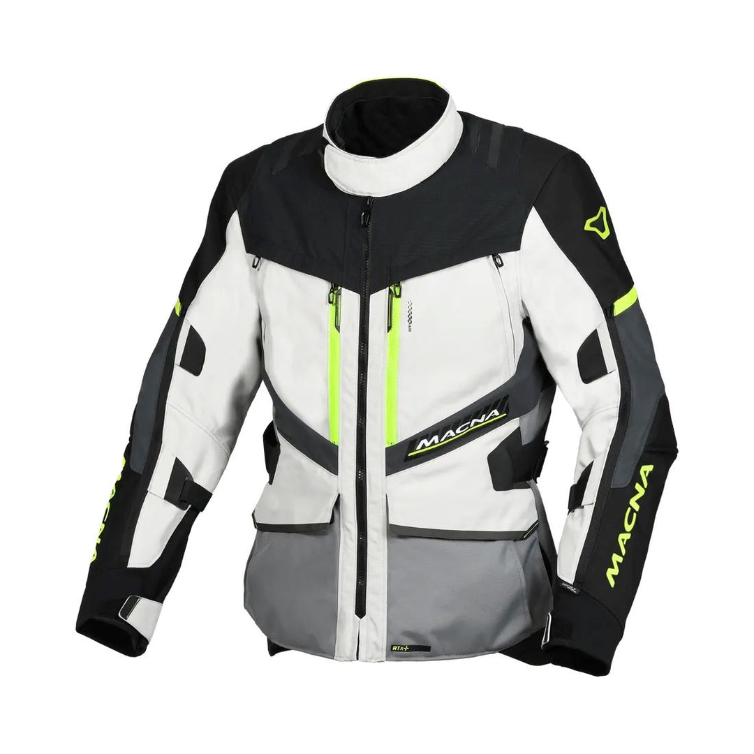 motorcycle jacket macna domane mesh thermos raintex nighteye epg vision tech gray neon yellow touring adventure adv front