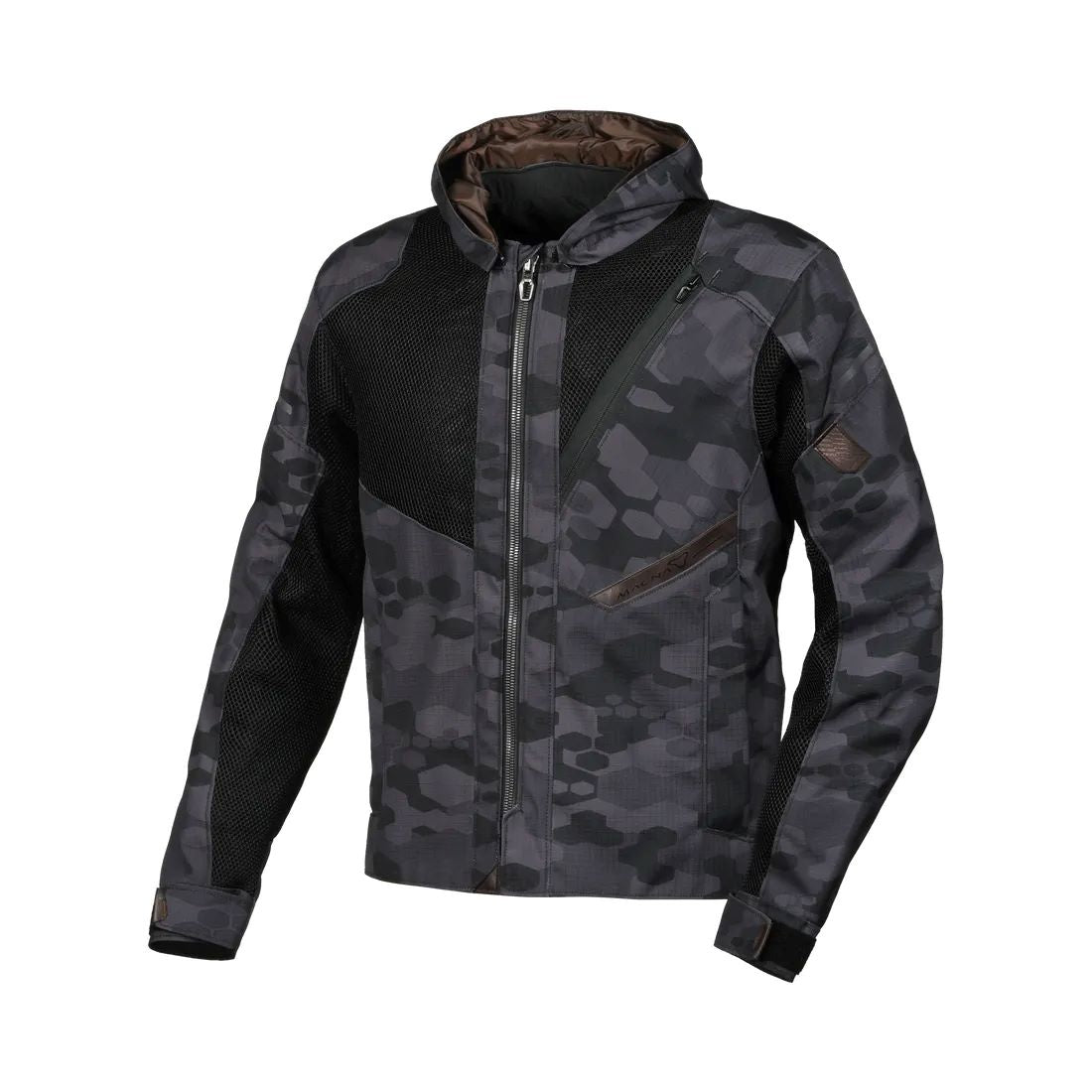 motorcycle jacket macna farrow hoodie vents ventilation mesh ripstop airburst camo black touring adventure adv front
