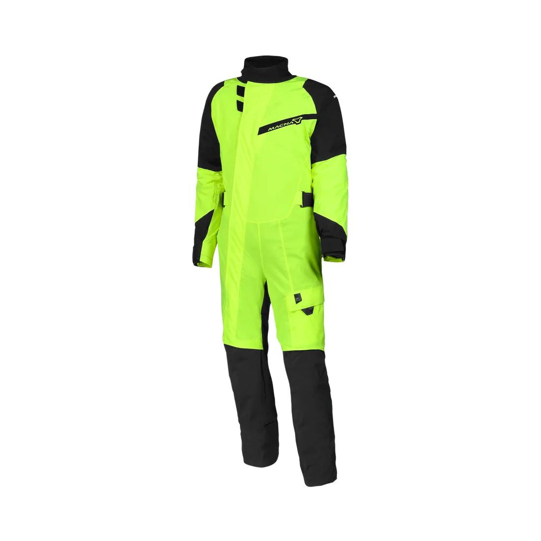 motorcycle rainwear macna hydra rain protection reflection laminated mesh neon yellow black touring adventure adv front
