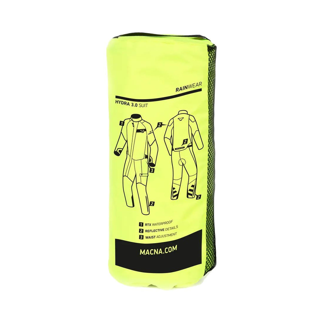 motorcycle rainwear macna hydra rain protection reflection laminated mesh neon yellow black touring adventure adv travel pouch