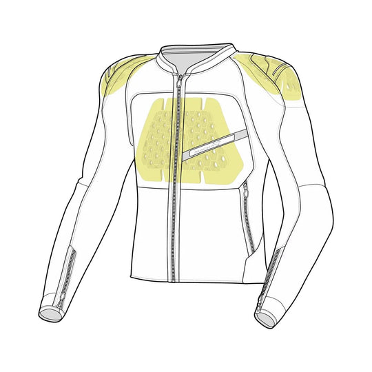 motorcycle jacket macna korus air burst vents ventilation mesh stretch black white touring adventure adv front diagram
