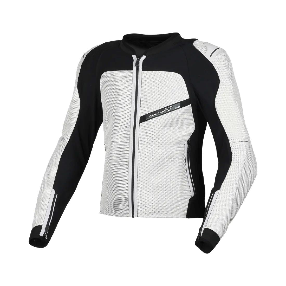 motorcycle jacket macna korus air burst vents ventilation mesh stretch black white touring adventure adv front