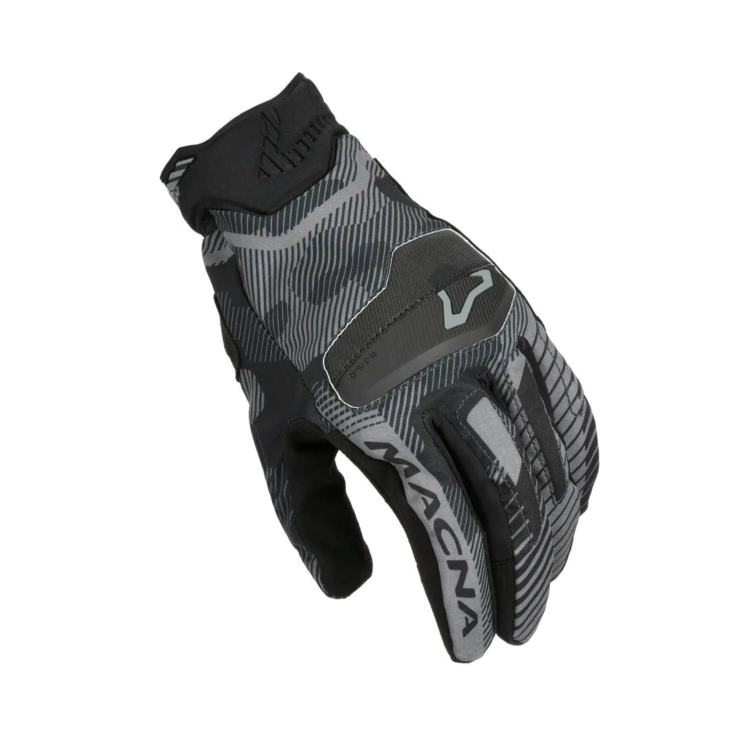 motorcycle gloves macna lithic wtouch tip gel grip print ergo thumb TPR knuckle EVA black camo touring adventure adv top