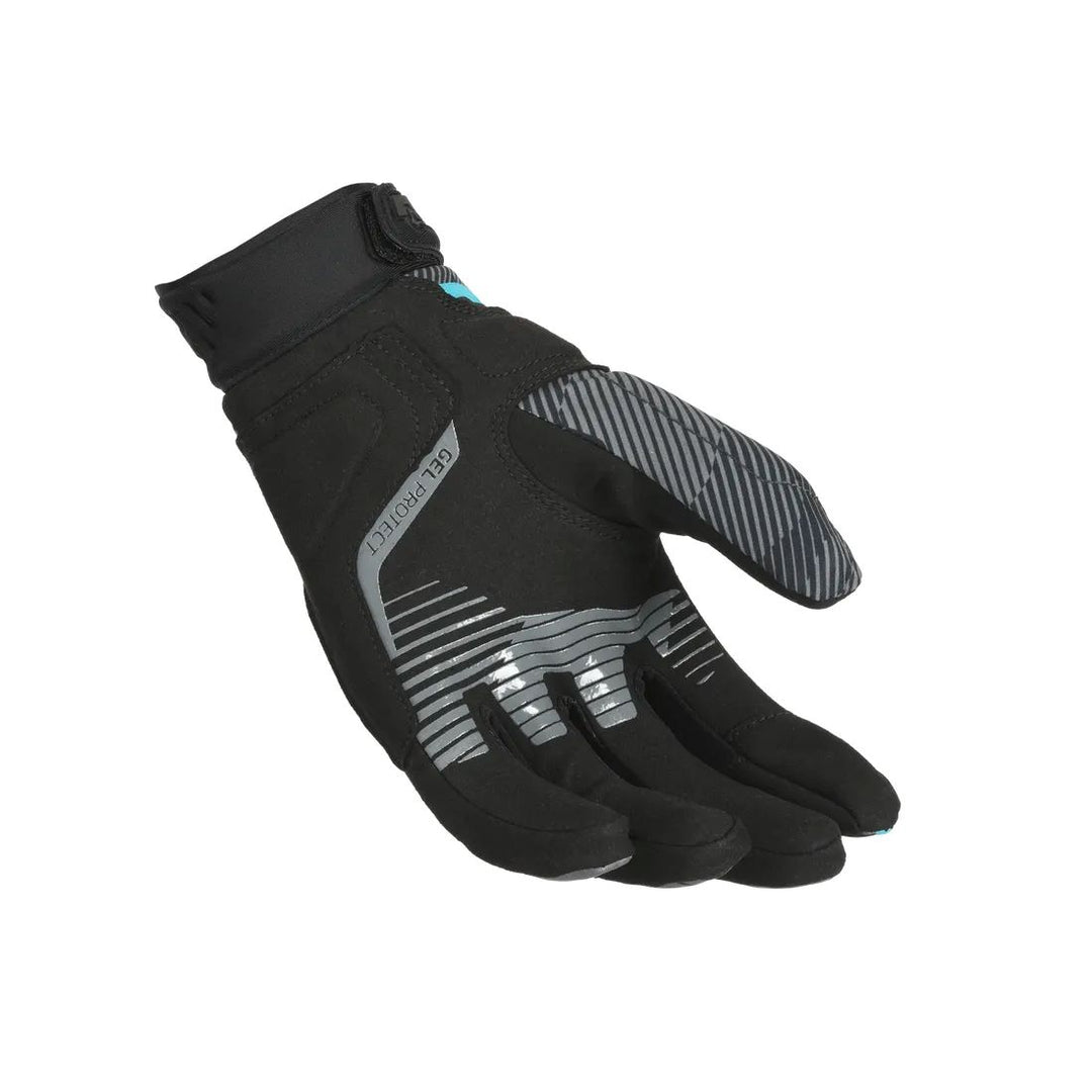 motorcycle gloves macna lithic womens touch tip gel grip print ergo thumb TPR knuckle EVA black blue touring adventure adv palm