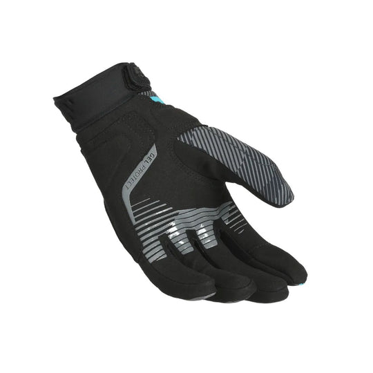 motorcycle gloves macna lithic womens touch tip gel grip print ergo thumb TPR knuckle EVA black blue touring adventure adv palm
