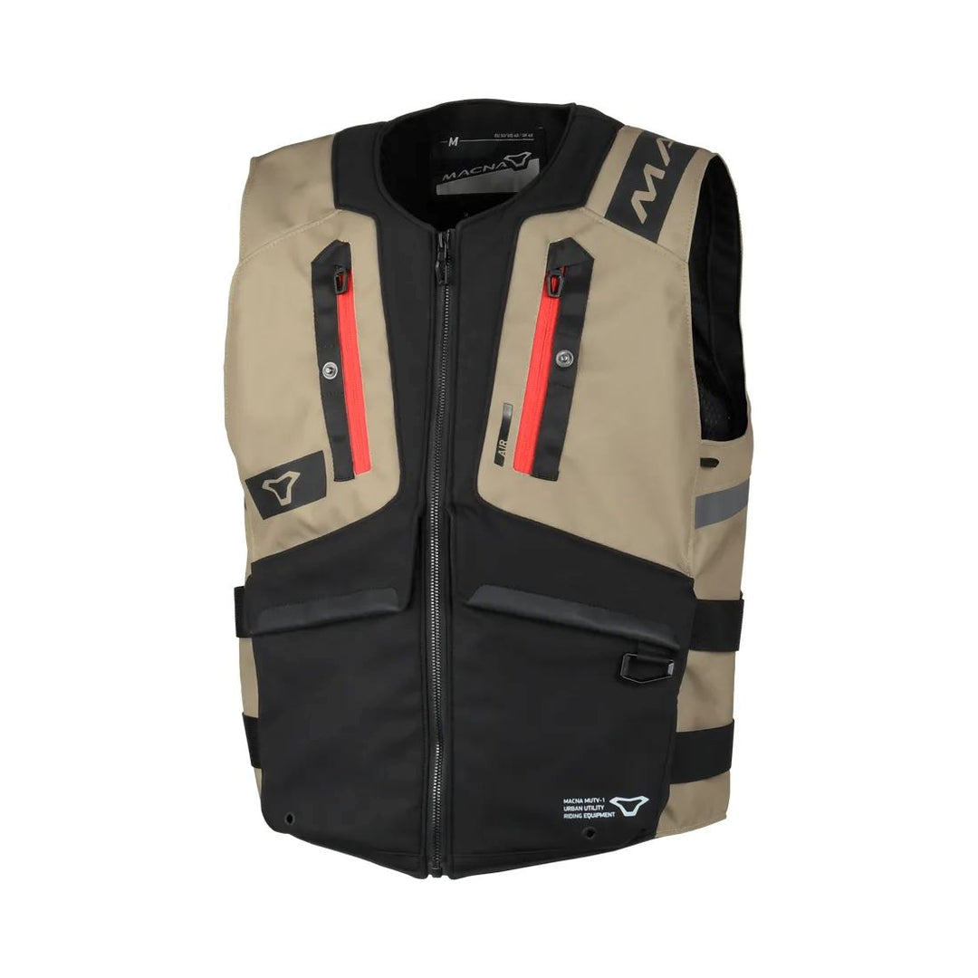 motorcycle vest macna mutv-1 ce chest back protector prepared air pockets taupe black touring adventure adv front