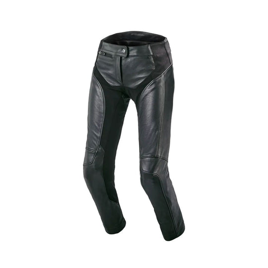 motorcycle pants macna mohita womens leather stretch cow leather knee hip protection hot weather summer mesh black touring adventure adv front