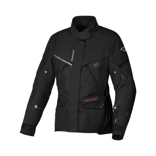 motorcycle jacket macna mundial womens ventilation adjustable ce protection reflective waterproof thermal black riding alpine touring adventure adv front