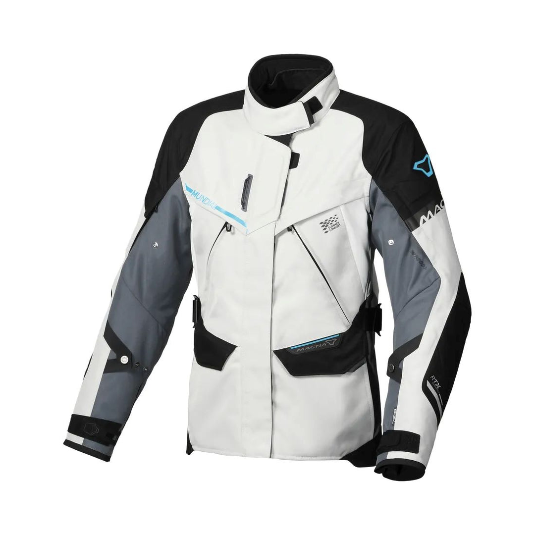 motorcycle jacket macna mundial womens mesh raintex thermos vents ventilation easy cuff gray blue black touring adventure adv front 