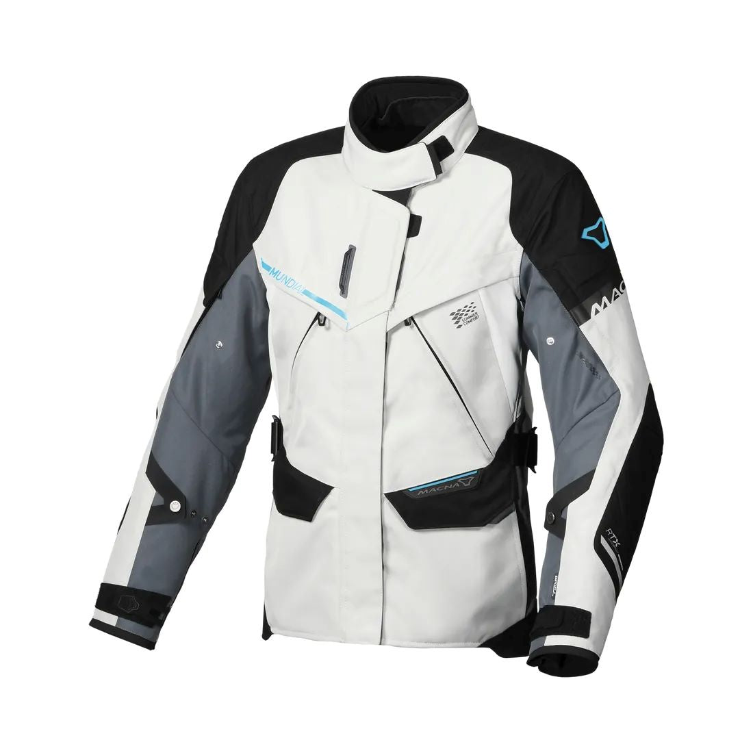 motorcycle jacket macna mundial womens mesh raintex thermos vents ventilation easy cuff gray blue black touring adventure adv front 