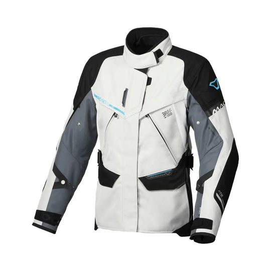motorcycle jacket macna mundial womens mesh raintex thermos vents ventilation easy cuff gray blue black touring adventure adv front 