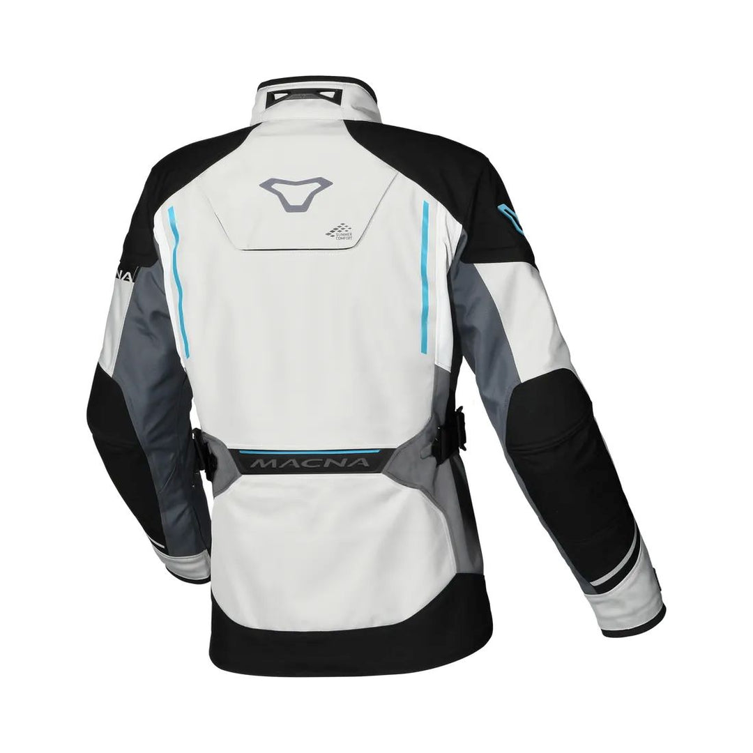 motorcycle jacket macna mundial womens mesh raintex thermos vents ventilation easy cuff gray blue black touring adventure adv back
