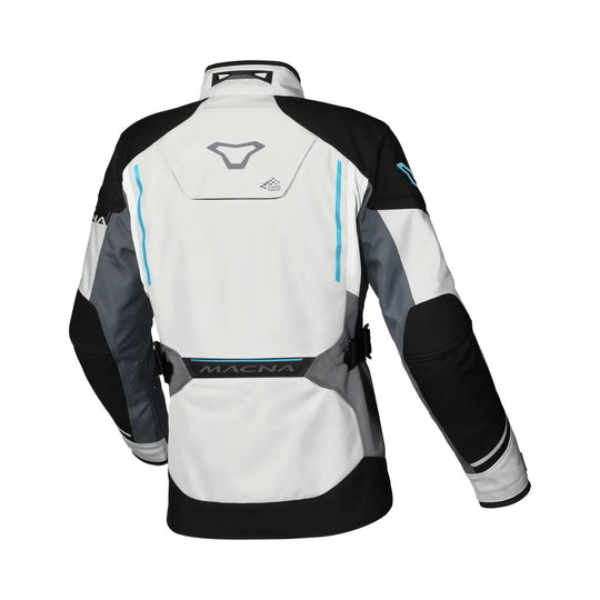 motorcycle jacket macna mundial womens mesh raintex thermos vents ventilation easy cuff gray blue black touring adventure adv back
