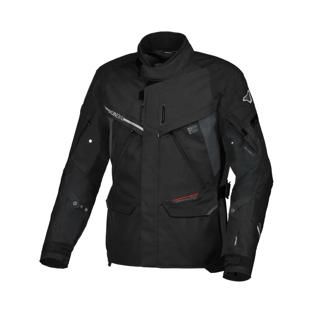 motorcycle jacket macna mundial mesh raintex thermos vents ventilation easy cuff black touring adventure adv front