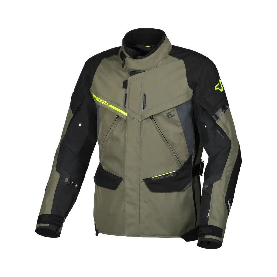motorcycle jacket macna mundial mesh raintex thermos vents ventilation easy cuff green neon black touring adventure adv front