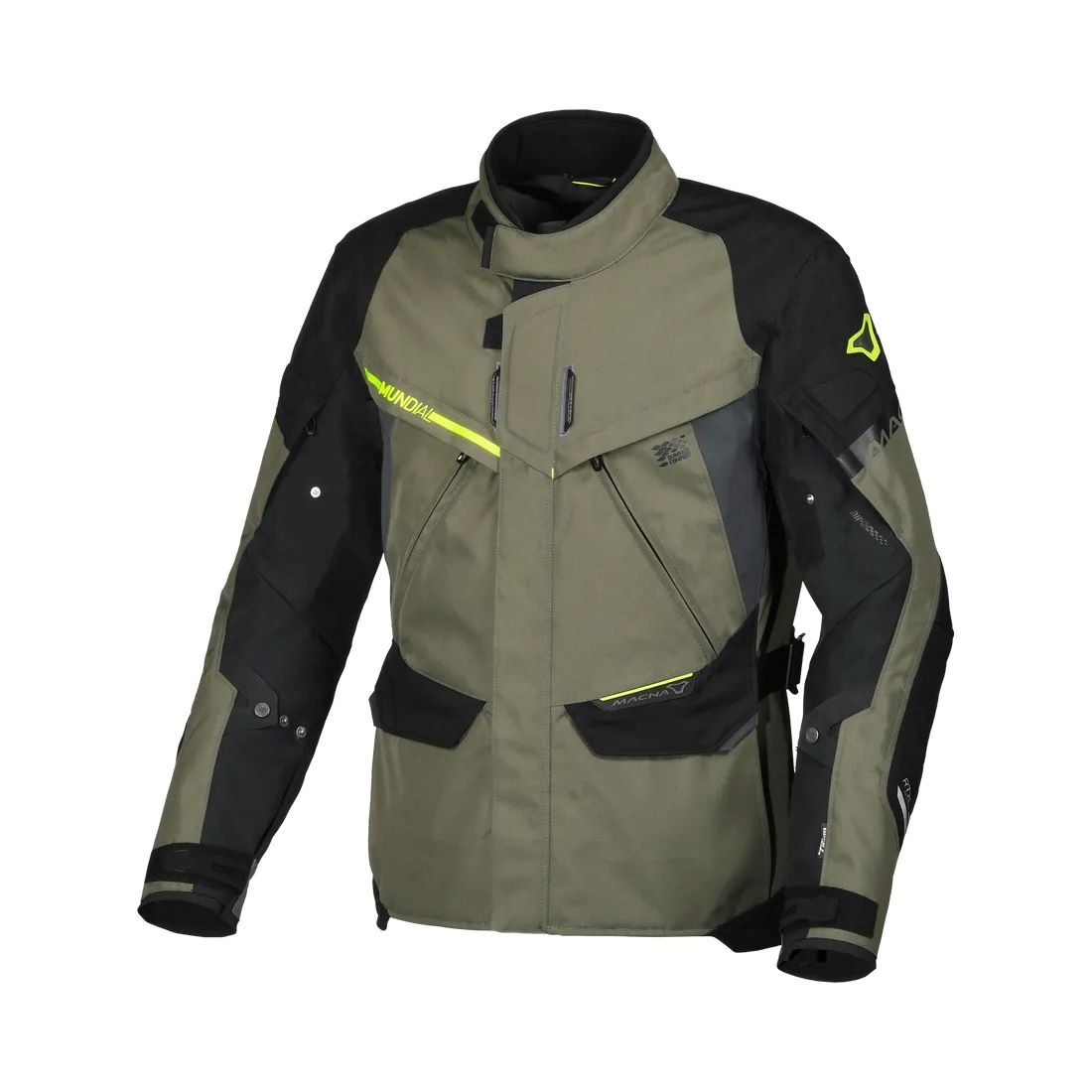 motorcycle jacket macna mundial mesh raintex thermos vents ventilation easy cuff green neon black touring adventure adv front